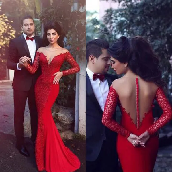 Arabic Elegant Red Evening Dresses Formal Sheer Neck Prom Dress Long Sleeves Sheer Back Romantic Lace Mermaid Formal Party Gowns