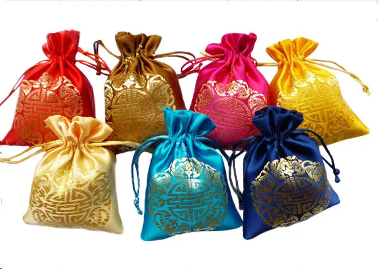 Chinese Joyous Drawstring Silk Fabric Pouch Christmas Birthday Party Favor Candy Bags Gift Packaging Bag Wholesale size 9x12 cm /