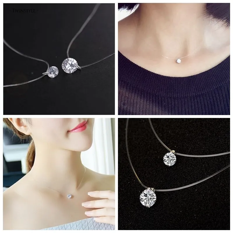 6mm 8mm Invisible Transparent Fishing Line Wire Cubic Zirconia Pendant  Necklace for Woman Girl Fashion Jewelry Chain Silver Plated