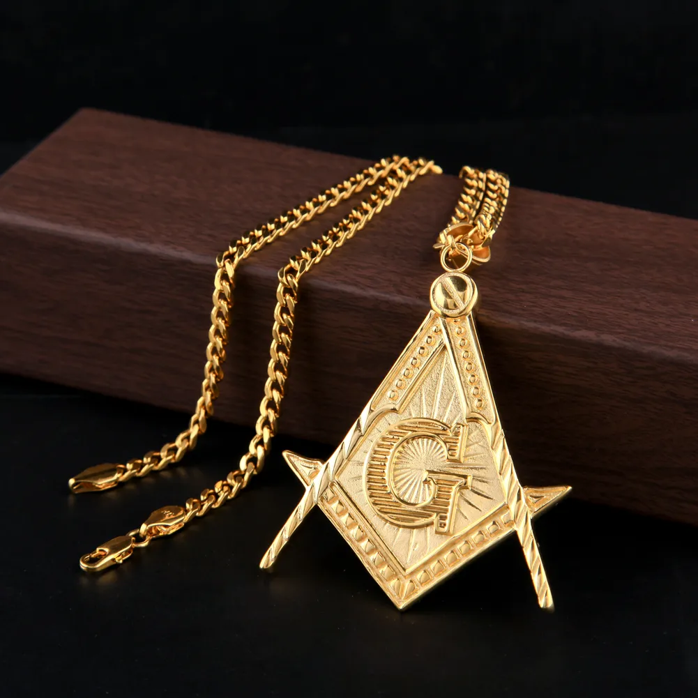 Heren roestvrijstalen maçonnieke Illuminati-symbool Mason-hangerketting verguld met Cubaanse ketting voor heren Dames317l