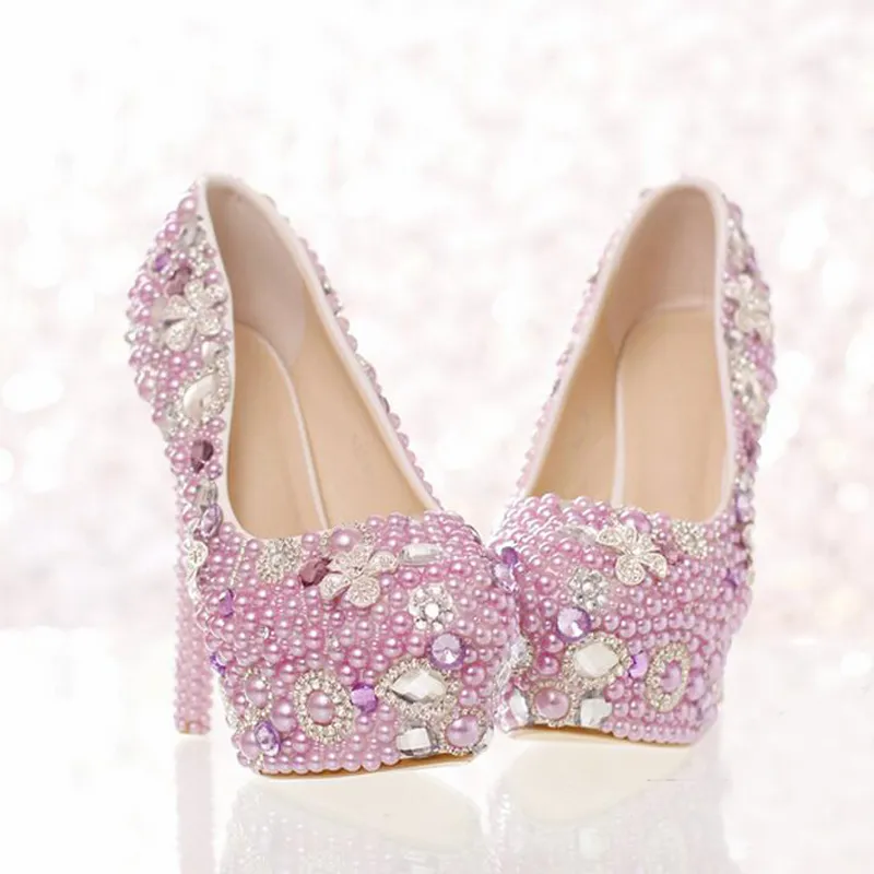 Hermoso lavanda Purple Pearl Bridal Shoes Fiesta de eventos especiales Tallones altos zapatos de vestir para mujeres hermosos dhinestone Pumps1075563