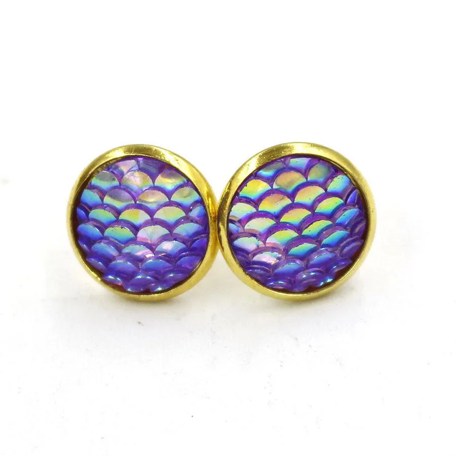 Moda Drusy Druzy Kolczyki Pozłacane 12mm Round Żywica Mermaid Fish / Dragon Scale Stud Kolczyki dla kobiet Lady Biżuteria