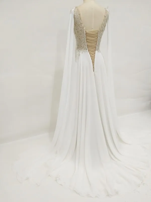 Echtes Elfenbein-Champagner-Hochzeitskleid mit transparentem Illusionsoberteil, ärmellos, silberne Spitzenapplikationen, Korsettrücken, Chiffon-Brautkleider mit Schlitz und Schleppe