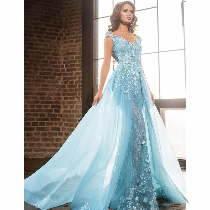 Light Sky Blue 3D Floral Meerjungfrau Abendkleider tragen bescheidene Dubai Arabisch über Röcke Flügelärmeln Anlass Prom Party Kleider Ellie saab