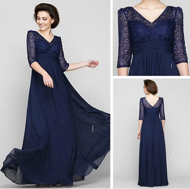 Robe mère de la mariée en dentelle et en mousseline de soie à col en V bleu marine foncé