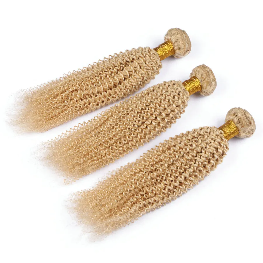 Estensioni dei capelli ricci crespi biondi alla moda economici # 613 Trama di tessitura bionda Fasci di tessuto indiano non trattato dei capelli umani Afro ricci crespi