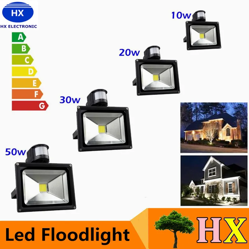 Promo 10W 20W 30W 50W 100W PIR LED Flood Light med rörelsesensor Spotlight Vattentät Utomhus LED Floodlight Lampa Varm kallt Vit AC85-265V