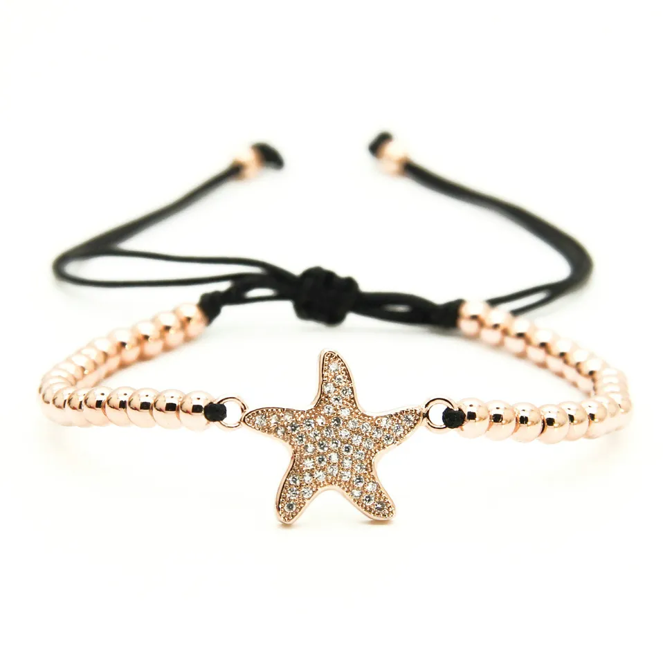 Wholesale 4mm Copper Round Beads with Starfish CZ Beads Braiding Macrame Lucky Mens and Womens Bracelets