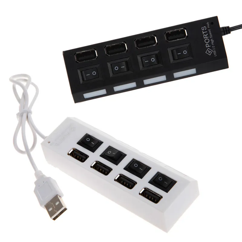 Slim 4 portar USB 2.0 HUB LED NYHET Höghastighets USB-nav med ström på / av-byt kabel för bärbar dator