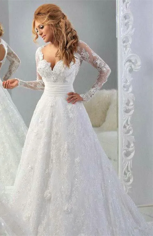 Lace Sheer Illusion Long Sleeves A Line Wedding... From Crown2014, $136.08  | DHgate.Com