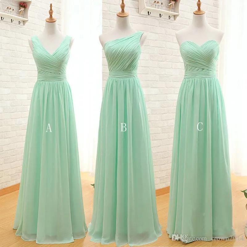 Mint Green Long Chiffon Bridesmaid klär sig en linje älskling veckade brudtärnor klänning backless formella klänningar under 50