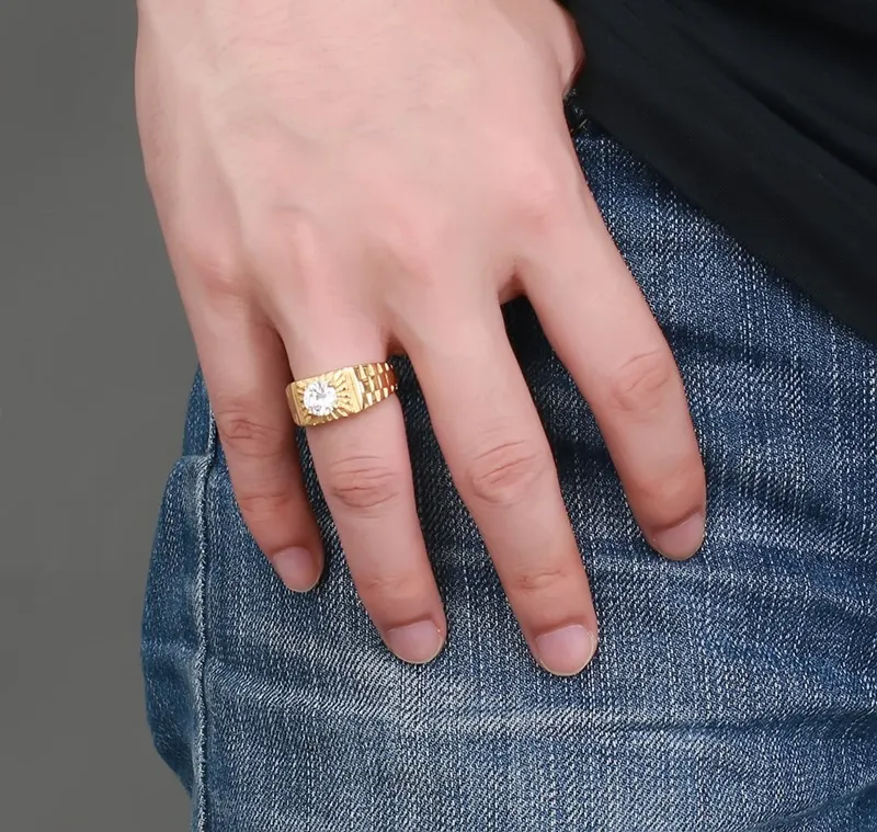 Hommes punk ring en acier inoxydable cz ip gold plaqué haut de bijoux vintage à haute voix