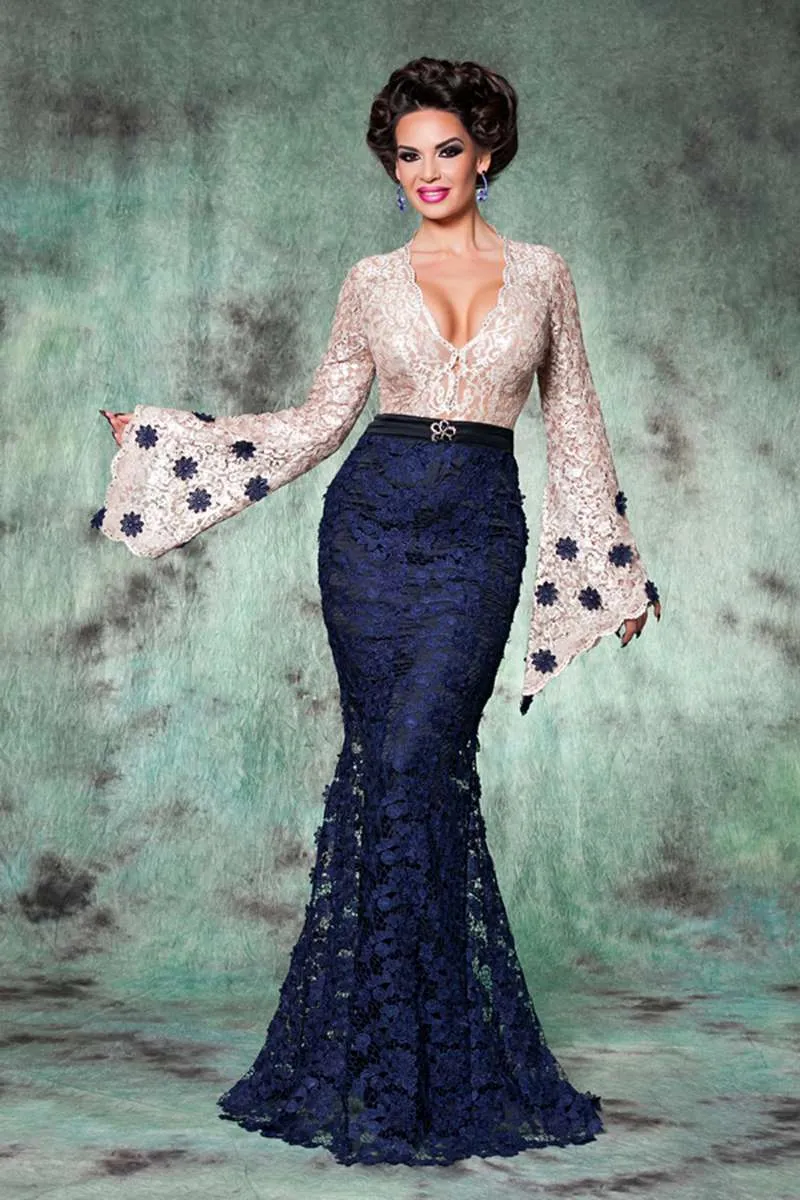 chinese dress ladies Zapaka Women Navy Lace A-Line Long Mother of The Bride Dress High Neck Long Sleeves Wedding Guest Dress, Navy / US22W