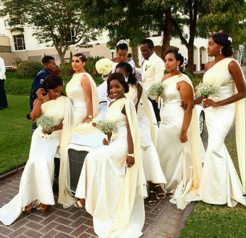 White One Shoulder Long Bridesmaid Dresses 2017 African Mermaid Maid Of Honor Gowns Satin Sheath Wedding Guest Formal Dresses Plus Size