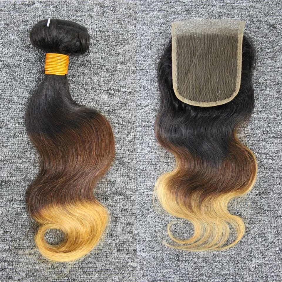 3 bundles with closure 1b/4/27 brazilian human hair 3 tone ombre brown blonde hair extensions hair weave bundles with closure