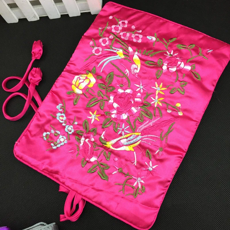 Embroidered flower bird Silk Jewelry Travel Bag Roll n go Cosmetic Bag for Makeup Drawstring Bag Foldable Storage Pouch 