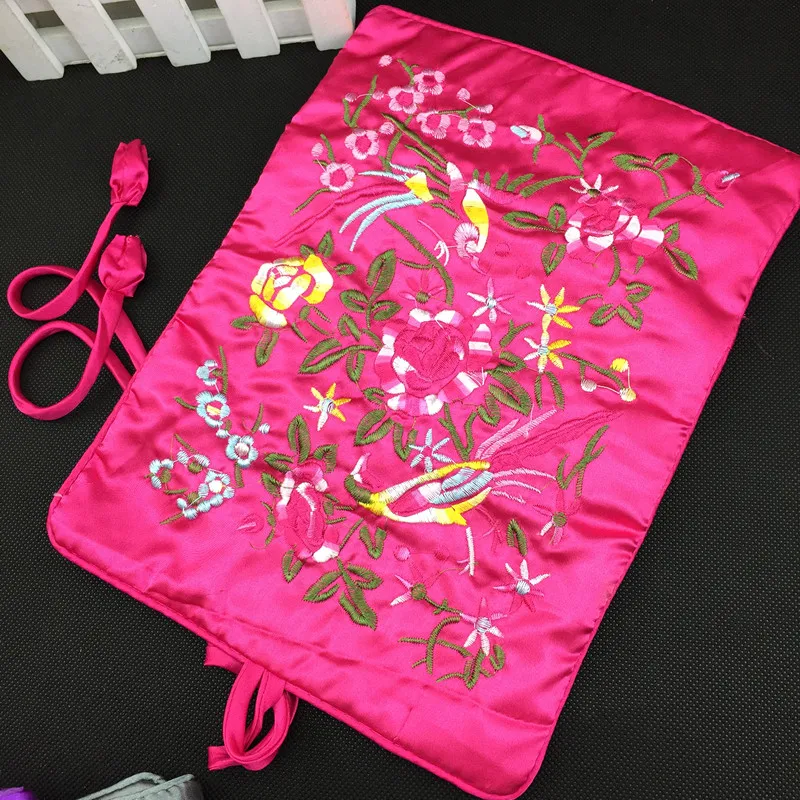 Embroidered flower Birds Satin Fabric Jewelry Roll Up Travel Bag Drawstring Women Makeup Bag Zipper Portable Cosmetic Storage Bag 