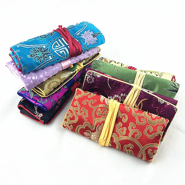 Portable Jade Button Silk brocade Jewelry Travel Roll Bag Chinese Cosmetic Pouch Drawstring Women Makeup Storage Bags 