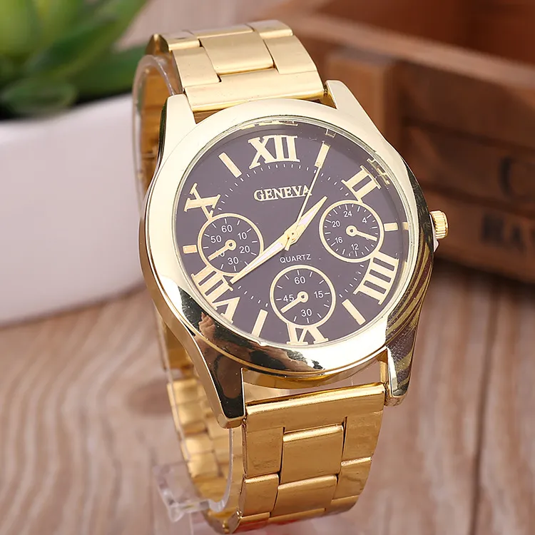 High Quality Luxury Geneva Womens Mens Lady Gold Stailess Steel Roman Analog Quartz Wrist Watch Wristwatches Quartz Movement Watch1922607