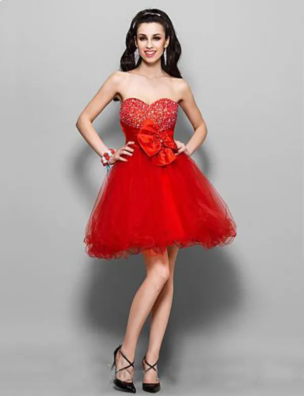 Sexy Hot Red Beaded Crystals Sweetheart Empire Tulle Little Cocktail Girls' Short Party Dresses Strapless Homecoming Gowns Side Zipper