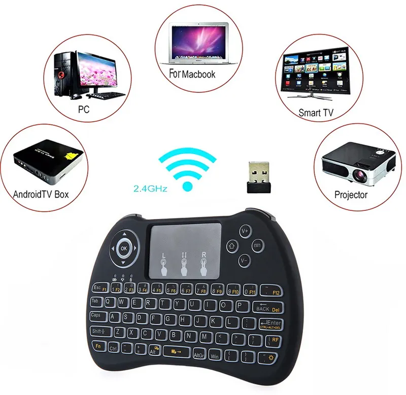 Trådlöst bakgrundsbelyst tangentbord H9 Fly Air Mouse Multi-Media Remote Control Pekplatta handhållen Qwerty med Blacklight för Android TV-låda