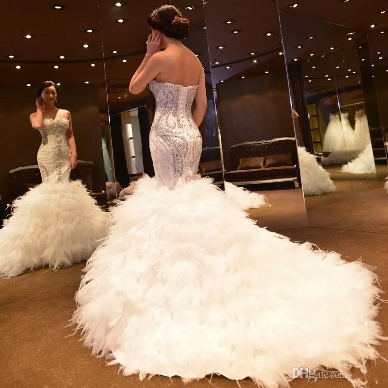 Robe De mariée sirène De luxe en cristal blanc, avec plumes d'autruche, Sexy, ivoire, 2023