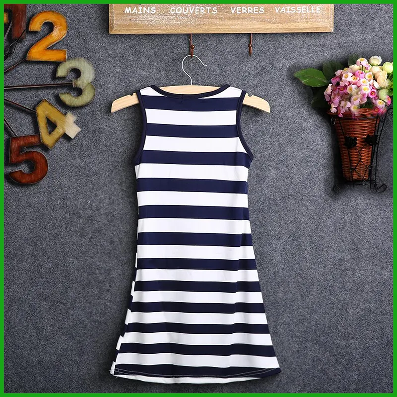 2016 top fashional style girls navy anchor sleeveless striped dresses children kids sequined blue white stripes party vestidos 4603420