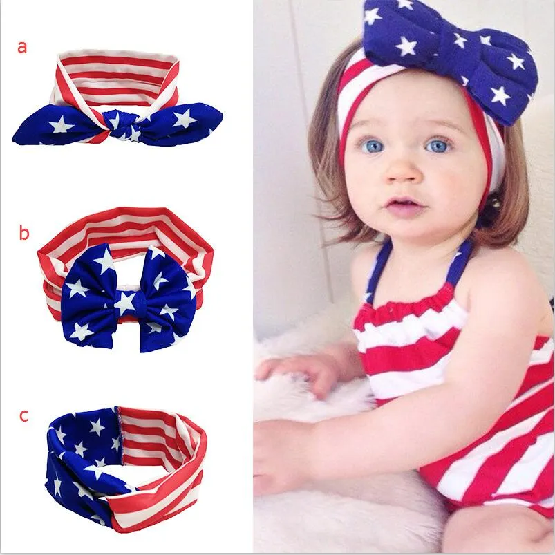 Baby Star Stripe National Flag Bowknot Headpastes 3 Design Girls Lovely Cute American Flag Band Headwrap Dzieci Elastyczne akcesoria