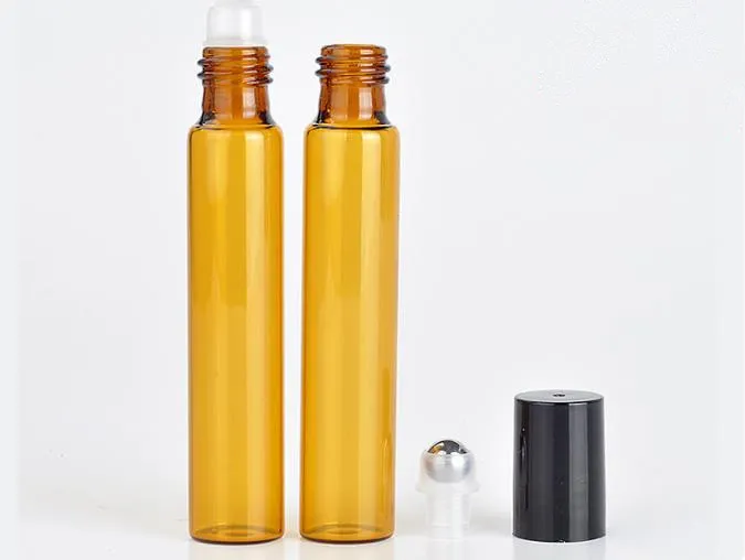 Parfymflaskor Refillerbar Amber 10ml Roll On Fragrance Glasflaskor Essential Oljeflaska Stål Metall Roller Ball B702