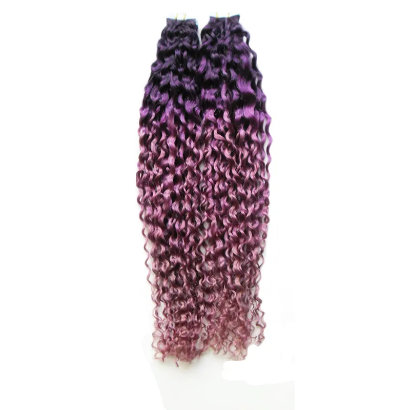 Colore viola / rosa capelli brasiliani ombre trama di capelli vergini ricci crespi vergini nastro 100g nelle estensioni dei capelli umani