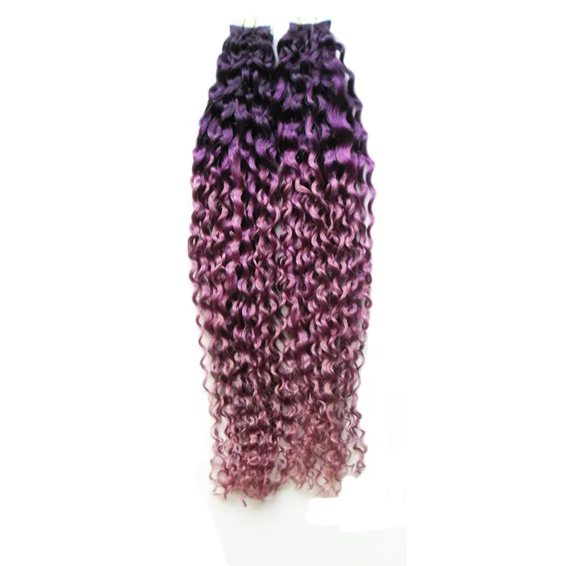 Färg Lila / Rosa Ombre Brasiliansk Hår Kinky Curly Virgin Hair Skin Weft 100g Tape In Human Hair Extensions