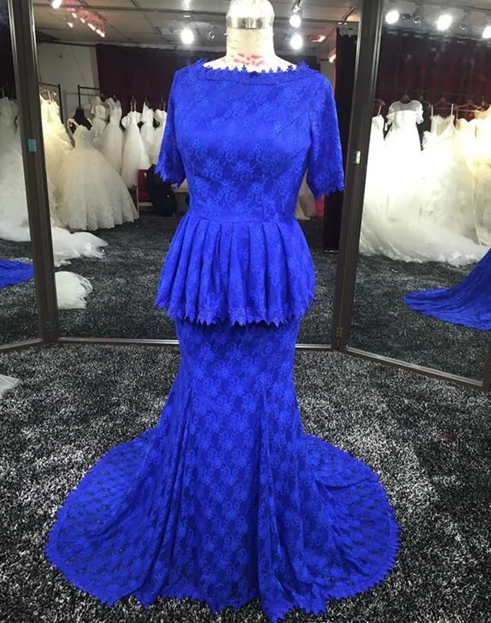 Echt beeld Afrikaanse prom jurken nigeria stijl zeemeermin formele avondjurk juweel korte mouw elegante avondjurk kantjurken gewaad de soiree