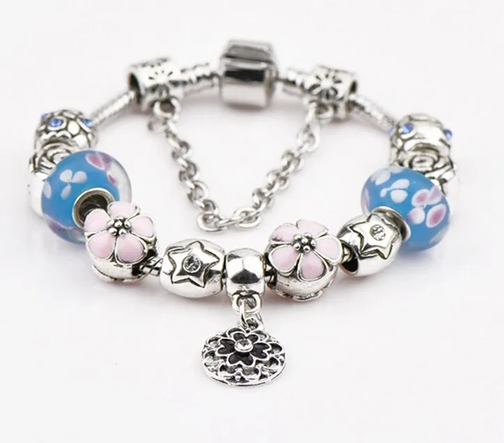 European 925 Silver Bracelet With Flower Charm Murano Beads For Women DIY Jewelry European Style Silver Plated Bead Bracelet HJ112