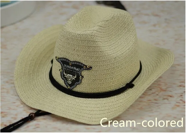 Neuer westlicher Rodeo-Cowboy-Brown-Strohhut verzierter lederner Bullen-Band-Unisexsonne-Strand-Hut für Mann-Frauen Freies Verschiffen