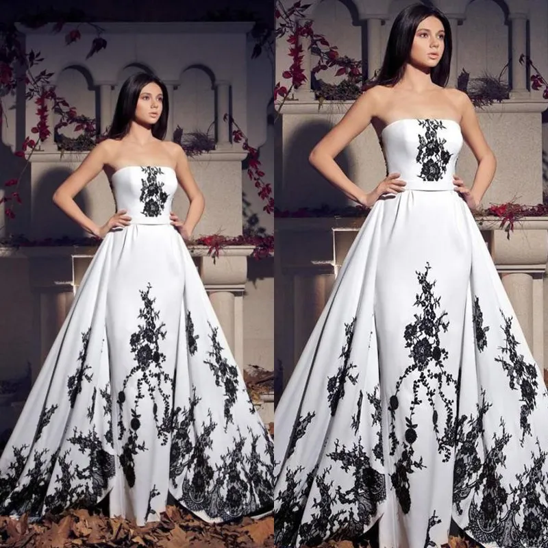 Vintage noir et blanc robes de mariée 2017 nouvelle dentelle sans bretelles appliques à lacets dos longues robes de mariée sur mesure Chine EN10256