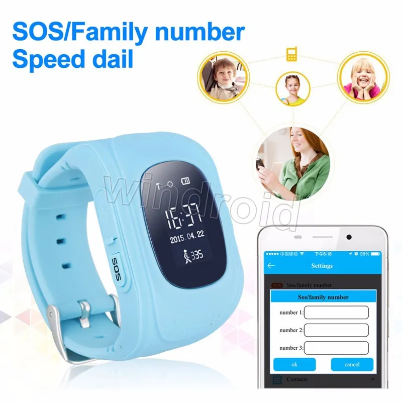 2016 Kids GPS Tracker Smart Watch Phone Sim Quad Band GSM Safe SOS Call Q50 F13 K37 SmartWatch för Android Ios Gratis frakt 20st