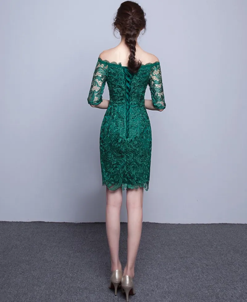 Robe de demoiselle d'honneur courte en dentelle vert foncé, demi-manches, avec broderie, longueur aux genoux, robe de soirée, 2018, à lacets, 3559470