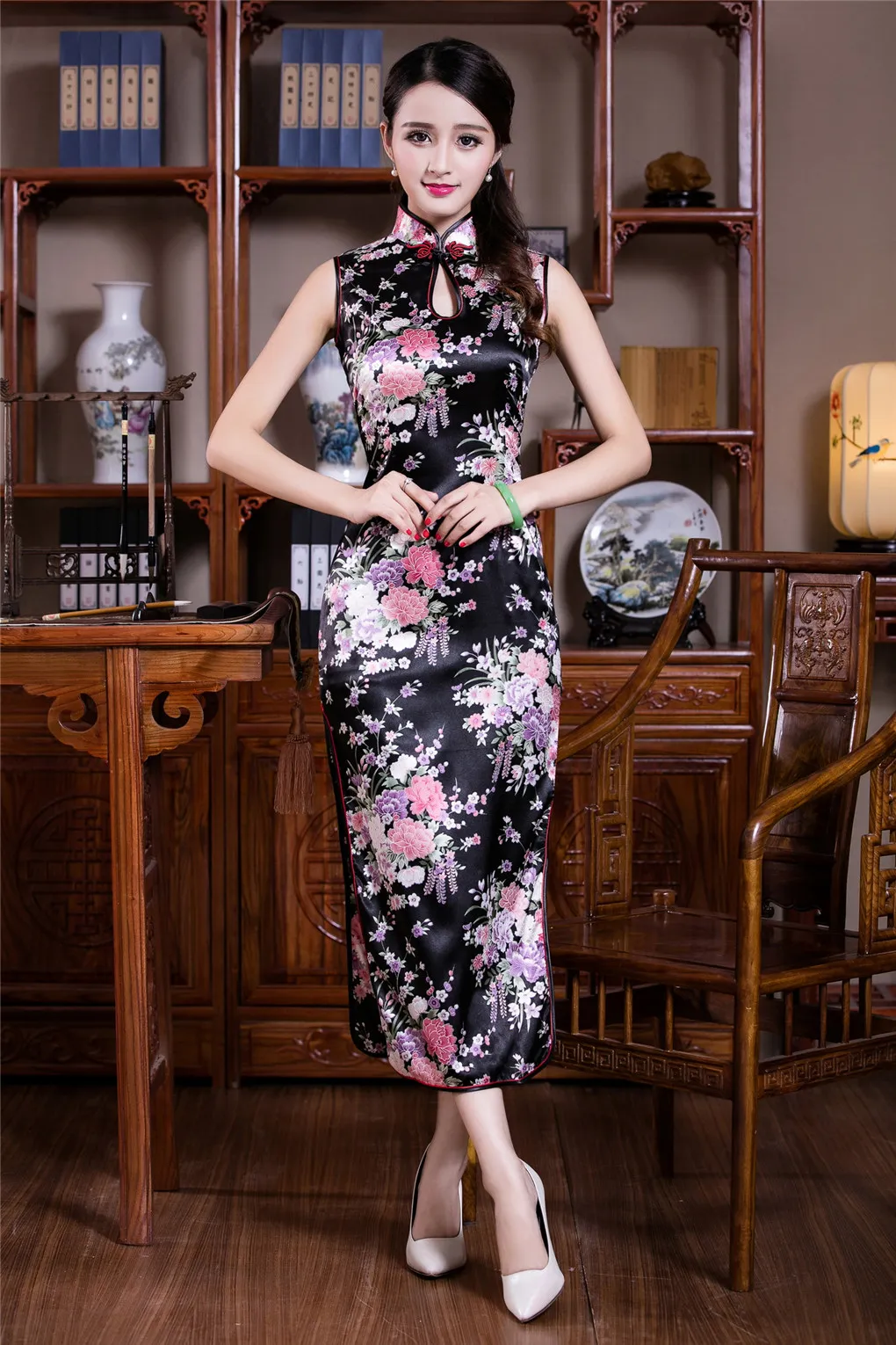 Shanghai historia mangas de imitación vestidos de noche de seda vestido largo cheongsam vestido tradicional chino Shanghai historia mangas de imitación vestidos de noche de seda vestido largo cheongsam vestido tradicional chino