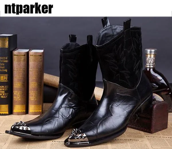 Western Style ROCK Herrenstiefel schwarz Hilfsschuhe Stiefel Herren Spitze Stahlkappen-Stiefeletten für Herren aus Leder, 45/46