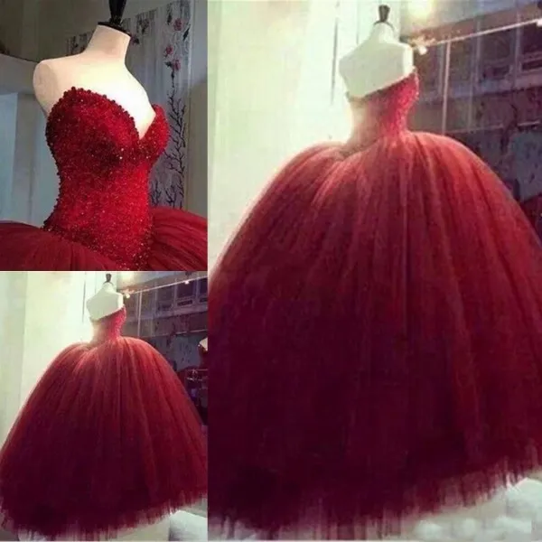 Fabulous Dark Red Quinceanera Jurken Puffy Ball Gown Sweetheart Hals Kralen Pailletten Top Luxe Zoete 16 Jurk Op maat gemaakt