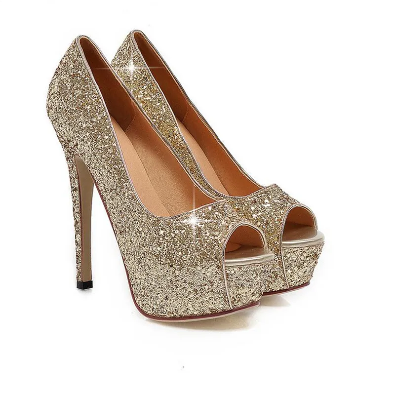 Moda Señora Gorgeous Nightclub Zapatos de noche Sandalias de tacones súper altos Zapatos de vestir de mujer Zapatos de vestir de novia de boda de oro Peep Toes209A