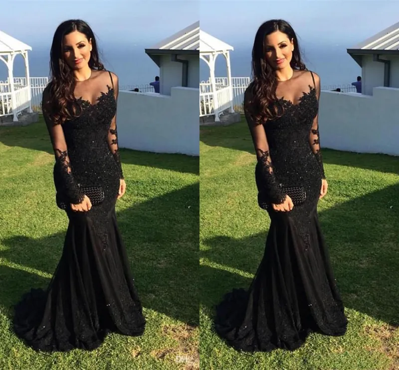 2017 Sexy Arabic Evening Dresses Jewel Neck Illusion Lace Appliques Crystal Beaded Black Mermaid Long Sleeves Formal Party Dress Prom Gowns