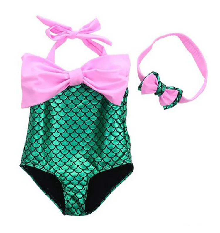 Roupa do bebê Crianças Meninas Swimwear Little Mermaid Bikini Set Summer Beach Swimsuit Com bowknot Headband Meninas maiô de natação traje