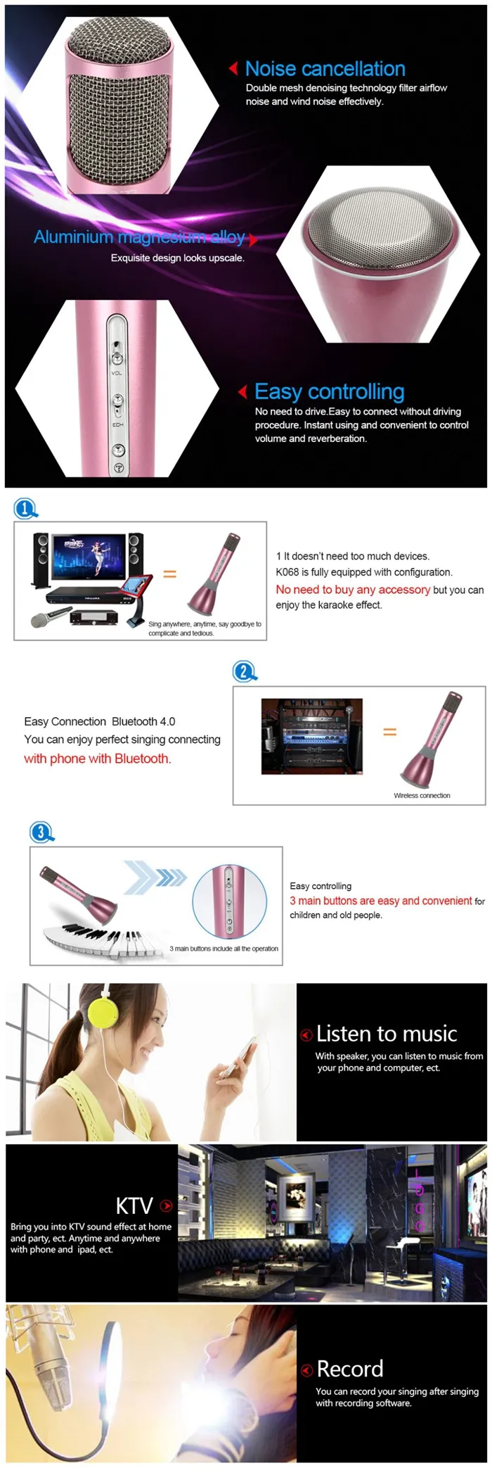 2016Newest K068 Wireless Bluetooth Microphone With Mic Speaker