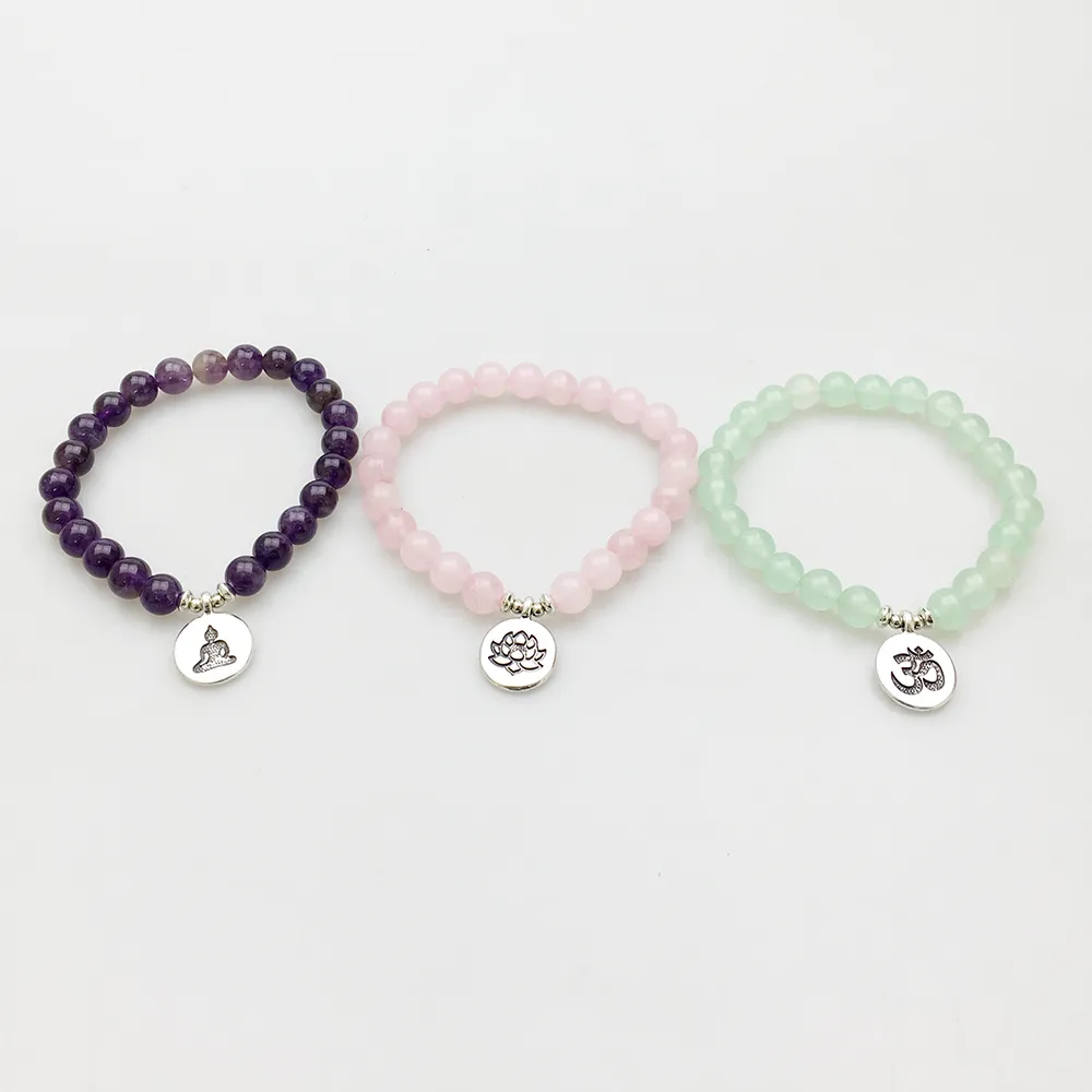 SN1140 Fashion Women's Armband Amethyst Green Aventurine Rose Quartz Mala Armband Lotus Ohm Buddha Armband 246G