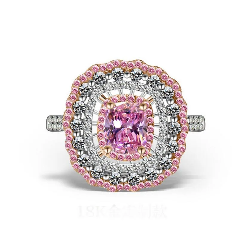 Top Selling Luxury Jewelry Handmade 18K White Gold Filled Cushion Shape Pink Sapphire CZ Diamond Gemstones Women Wedding Crown Band Ring