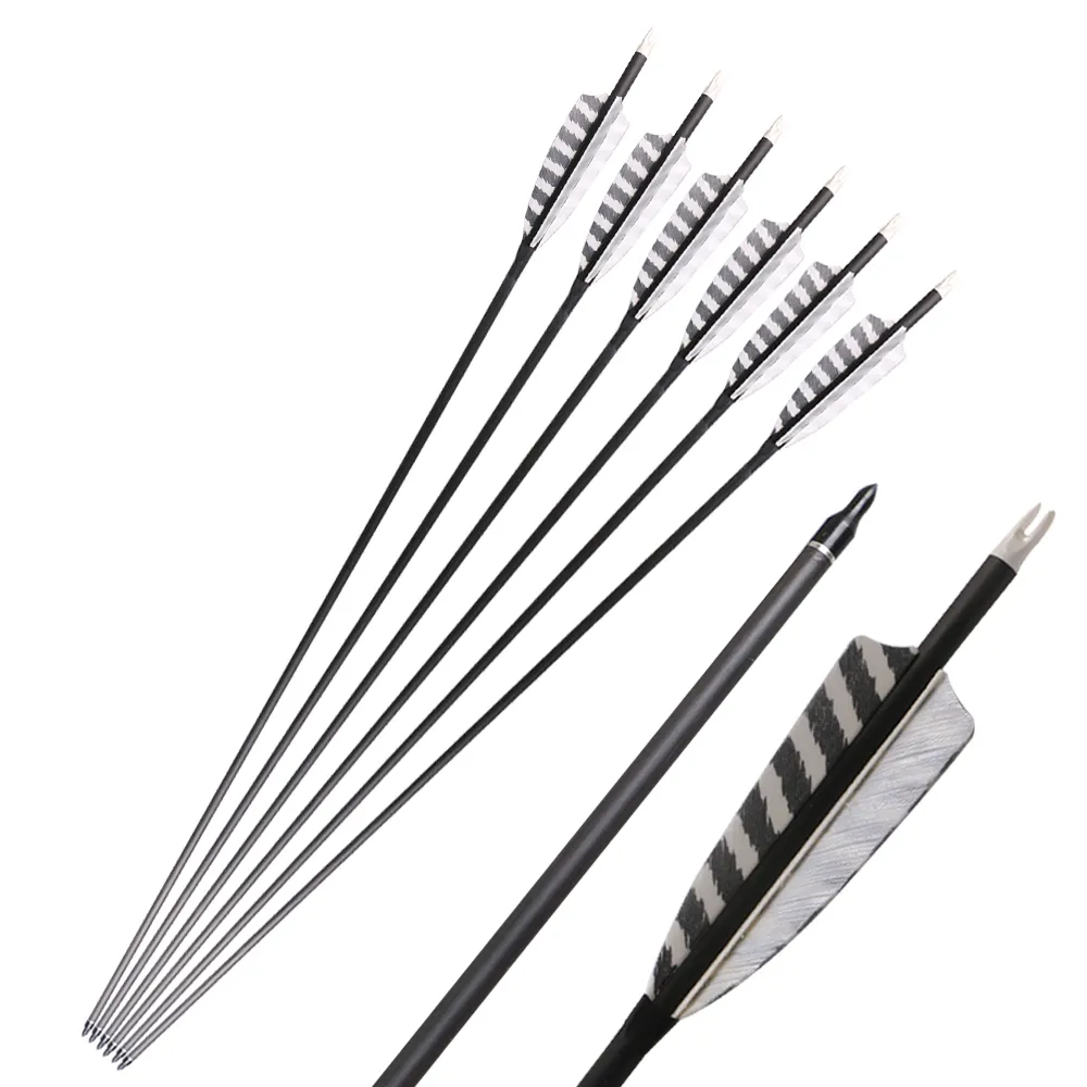 Flechas De Carbono Pena Natual 31-Inch Branco-Preto Stripe Spine 400 Alvo de Caça com Pontos de Campo Pontas Substituíveis