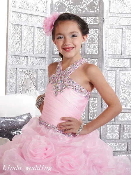 ピンクのキラキラの女の子のページェントのドレスの王女のボールガウンラインストーンパーティーカップケーキプロンプドレスのための小さな子供のためのかわいいドレス