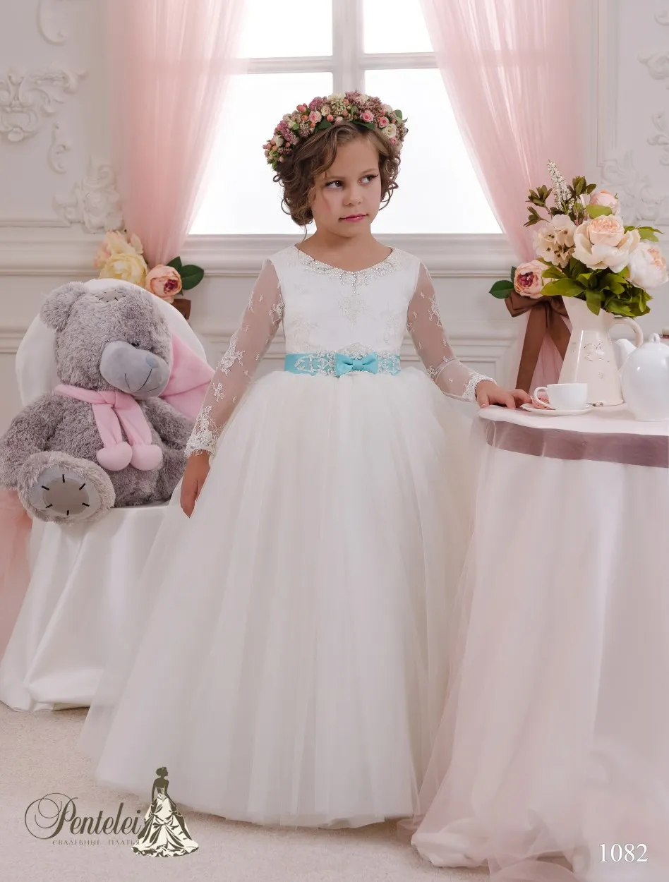 2016 DZIECI Ukończenia Suknie Z Długim Rękawami i Bow Sash Zroszony Tulle Ballgown Flower Girls Suknie Custom Made