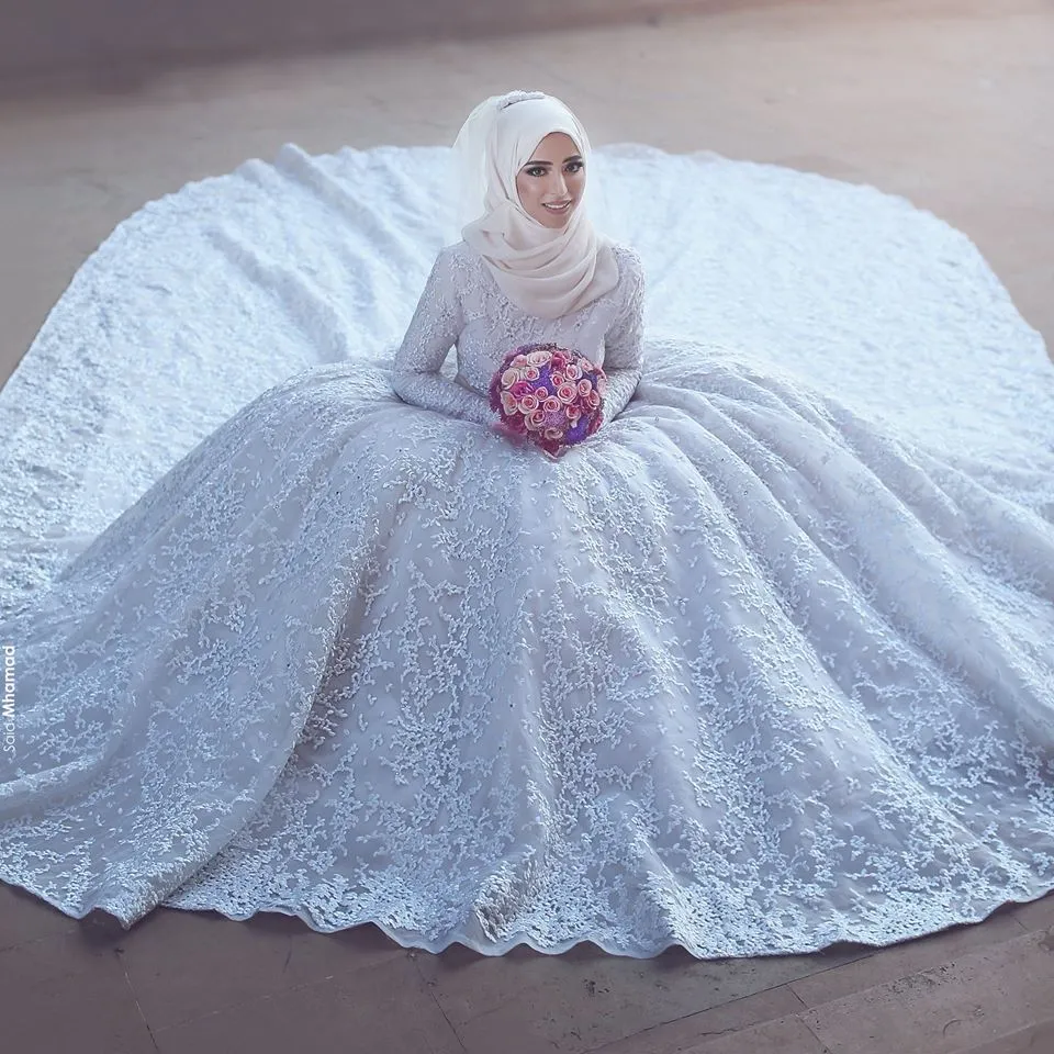 Modest Arabia Muslim Wedding Dresses Long Sleeves High Neck Full Lace Wedding Dress Fro Bride Said Mhamad Bridal Gowns With Train